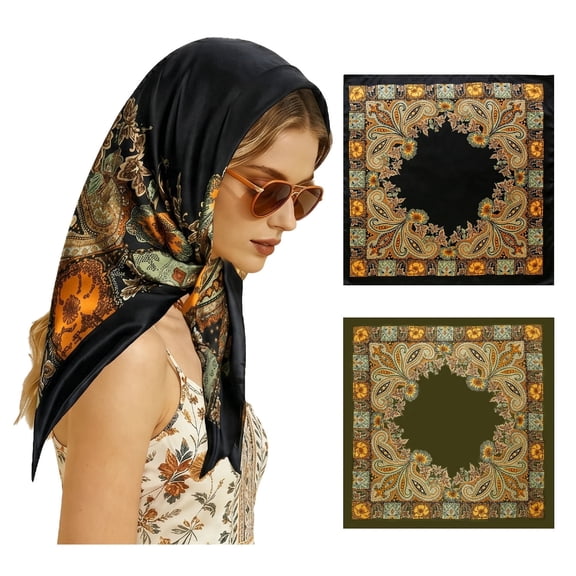 2 Pack Large Square Satin Head Scarf, 35.5 Inch Bandana, Black & Green Hair Wrap for Women.