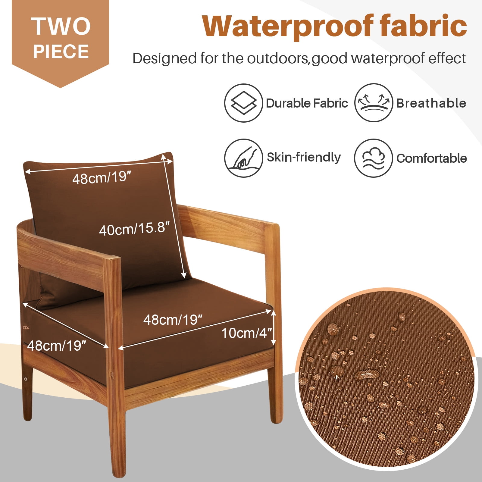Topchances Outdoor Chair Cushions 19x19 Inch, Waterproof Fade Resistant Deep Seat and Back Cushion for Patio Furniture, Brown