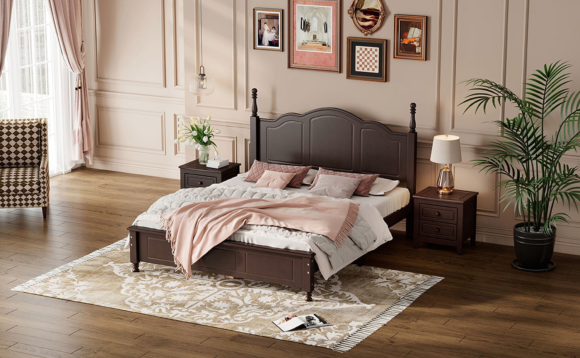 Euroco 3-Pieces Bedroom Set, Solid Wood Queen Size Platform Bed with 2 Nightstand, Walnut