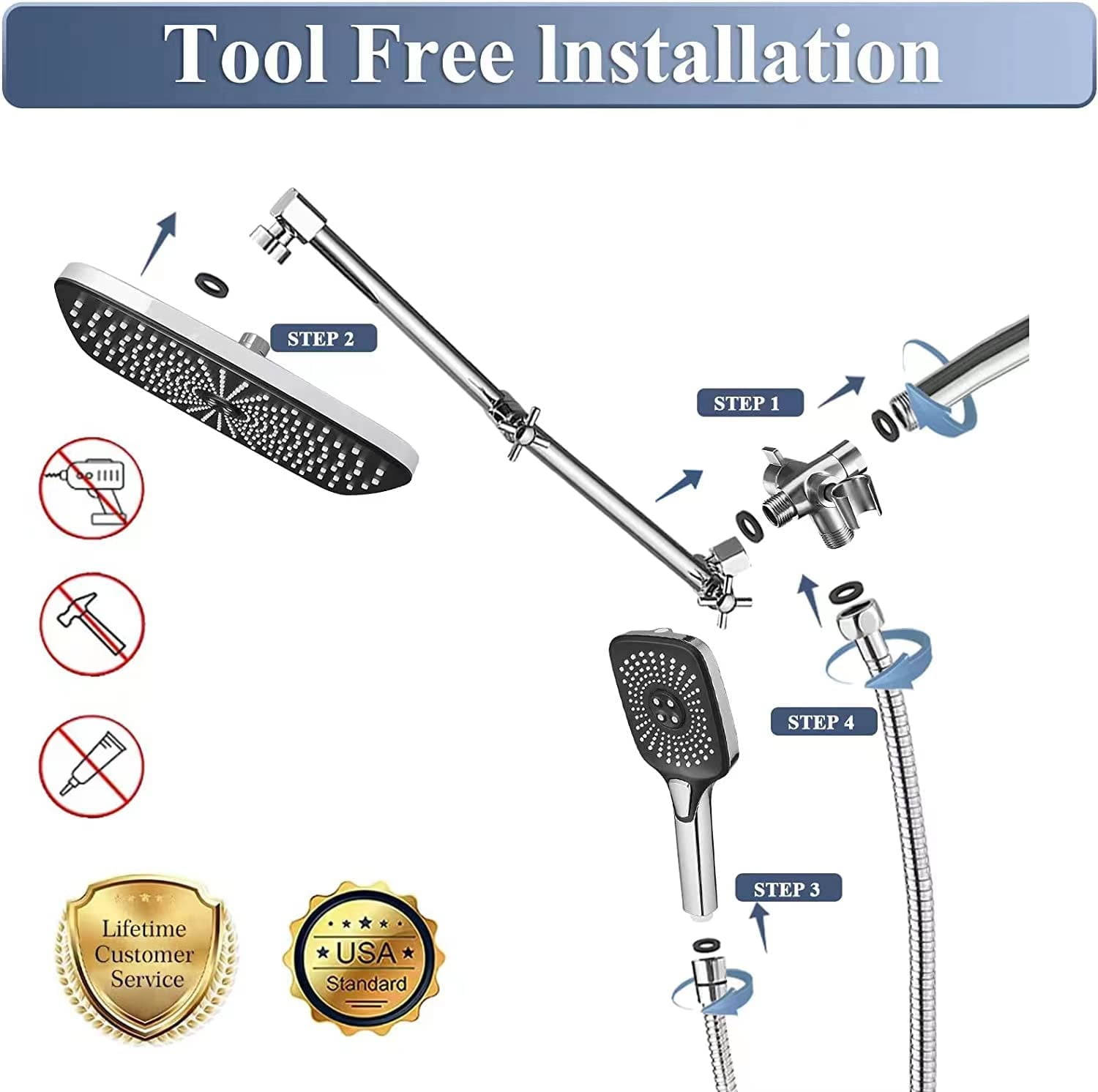 Shower Head with Handheld, Dual Shower Head with Extention Arm, High Pressure Rain Shower Heads, Rainfall Waterfall Showerhead with 3-Way Diverter - Height/Angle Adjustable
