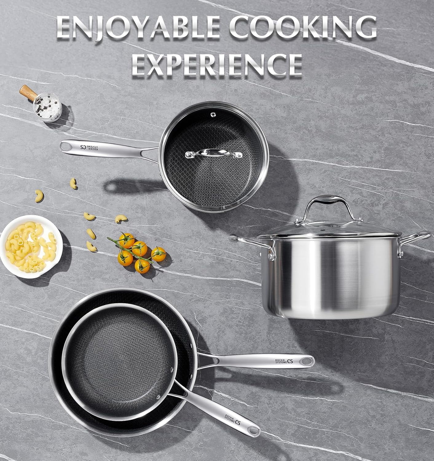 Koch Systeme CS Triply Stainless Steel Cookware Set 10 Piece, Nonstick Hybrid Kitchen Pots and Pans Set with Honeycomb Interior, Induction Compatible
