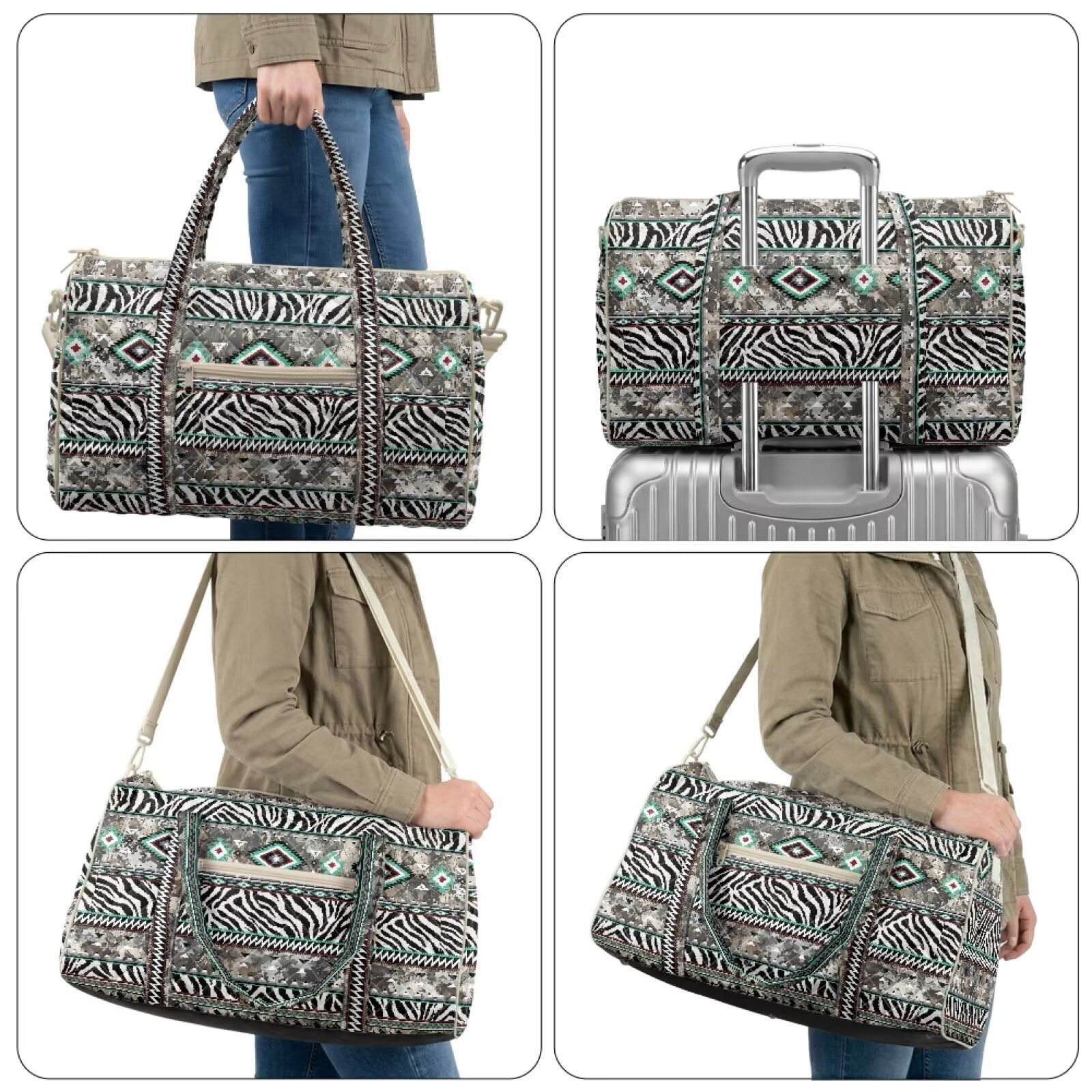 Garronmavis Large Quilted Duffle Bag for Women Tribal Zebra Print Weekender Travel Overnight Bag Carry On Gym Dance Tote with Zipper Pockets