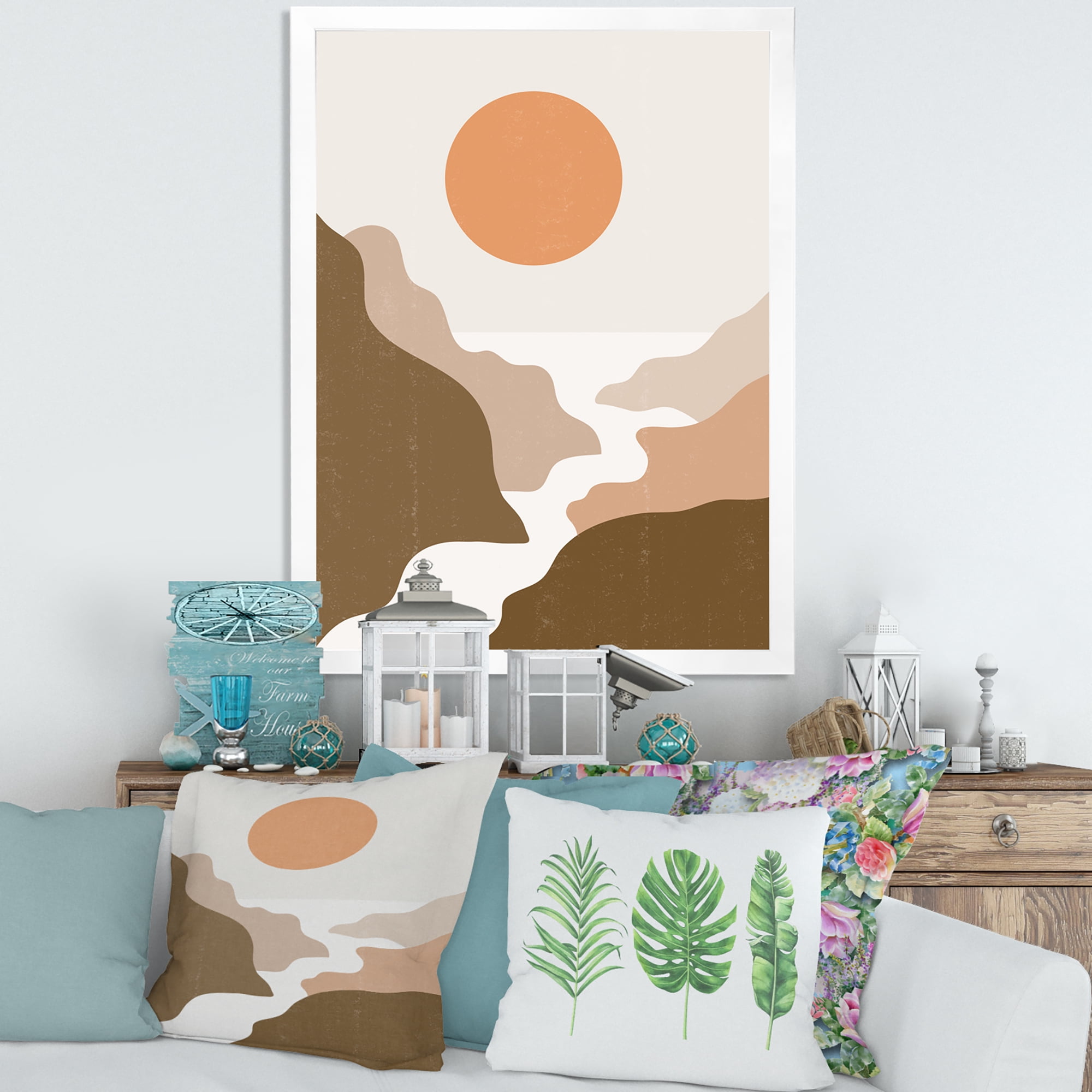 Designart 'Full Moon In Terracotta Tones Mountains' Modern Framed Art Print