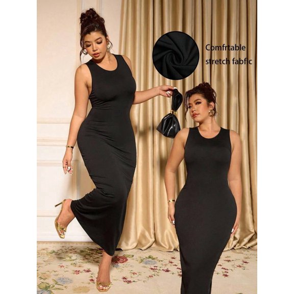 Black Plus Size Solid Round Neck Sleeveless Fitted Bodycon Maxi Dress