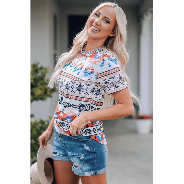 ABPHQTO Camiseta con cuello redondo y estampado azteca para mujer