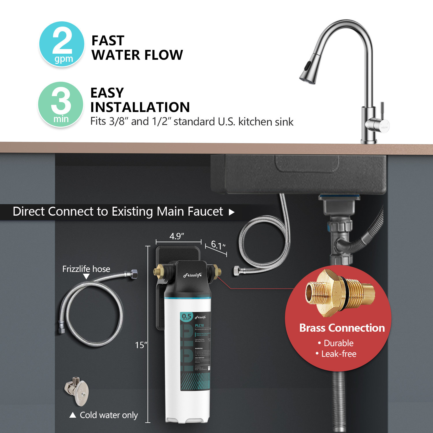Frizzlife SW10 Under Sink Water Filter System, NSF/ANSI 5342 Certified,  Reduces 99.99% Chlorine, Lead, Bad Taste  Odor