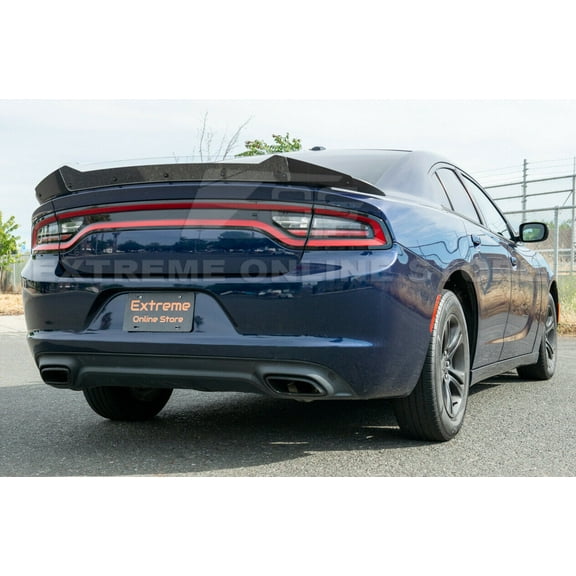 Replacement For 2015-Present Dodge Charger | SRT8 HellCat Extended Style ABS Plastic Primer Black Rear Trunk Lip Wing With Wickerbill Spoiler