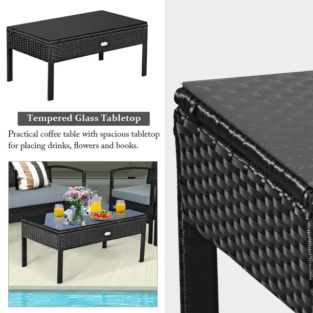 Costway 4 pcs outdoor patio rattan wicker 2025 furniture set table sofa cushioned deck black