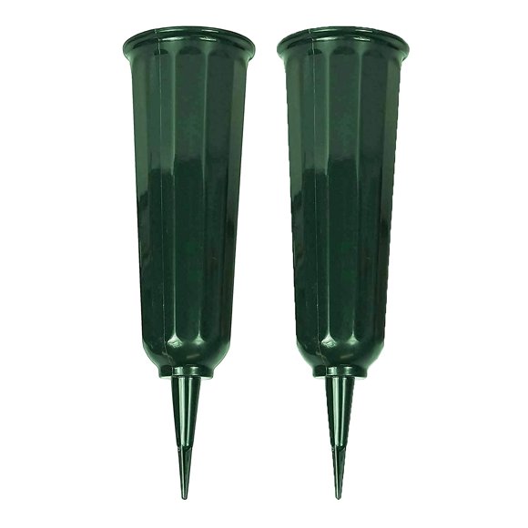 Black Duck Brand Green 9.75" Plastic Cemetery Memorial Grave Flute Flower Vases; 2 Pack
