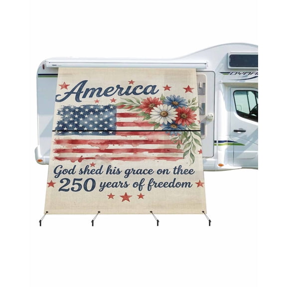 4th of July RV Awning Sun Shade Screen 9'X7' 250 Years of Freedom Mesh Sunscreen American Flag Daisy Awning Shade Screen with Zipper UV Blocker Completed Kits Outdoor Canopy for RV Motorhome Camper