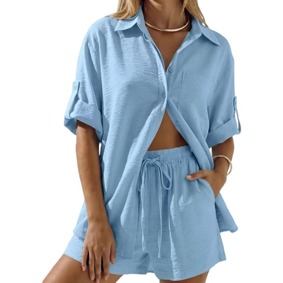 ShomPort Short Sets for Women Roll-Up Short Sleeve Top Shorts 2 Piece Summer Loose Lounge Vacation Outfits
