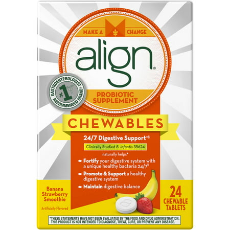Align Chewables, Daily Probiotic Supplement for Digestive Health, Banana Strawberry Flavor, 24