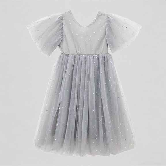 REDARER Girls' Star Sequin Tulle Dress, Puff Sleeve V-Back Party Gown, Summer Sparkly Princess Dress for Kids,6-7 Years