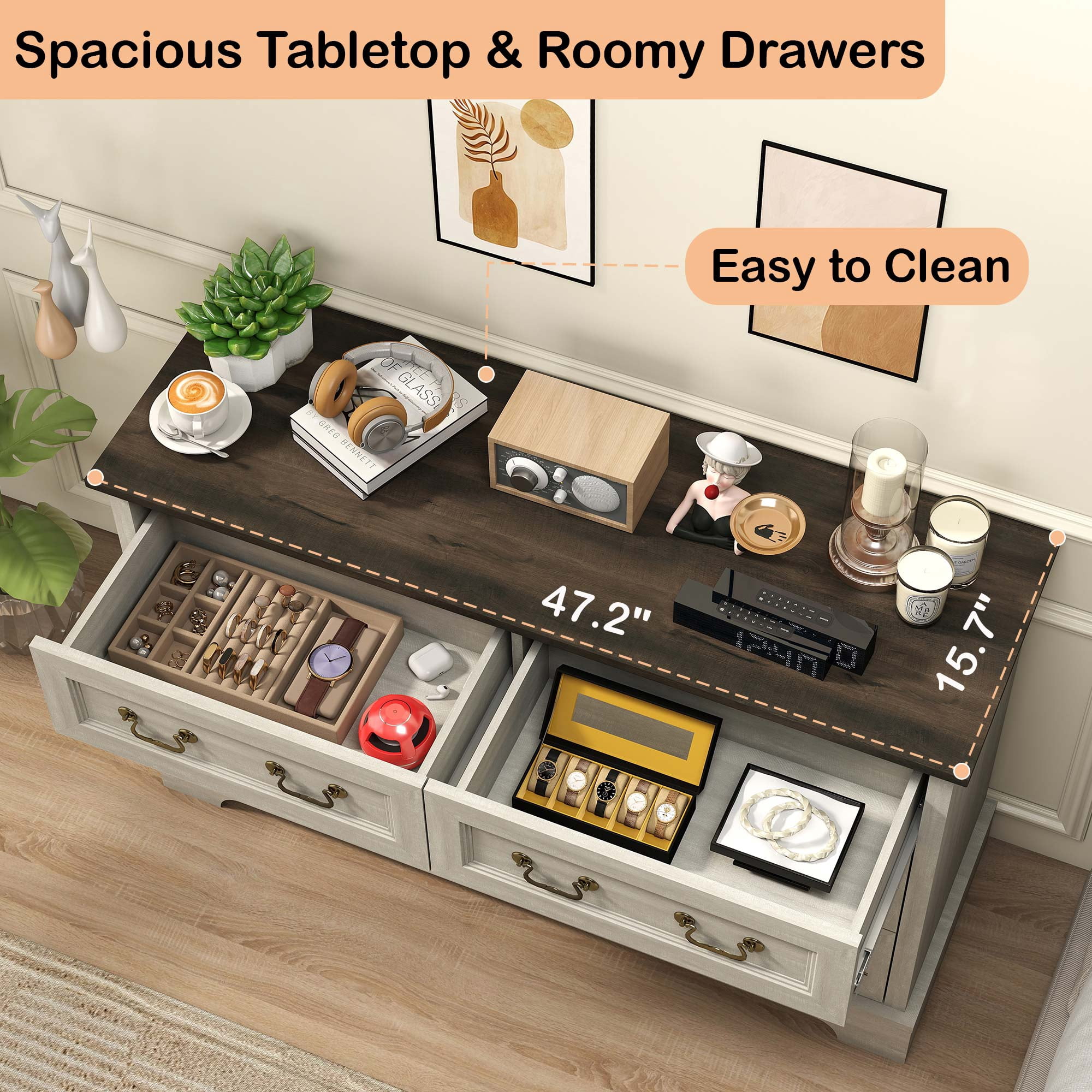 Farmhouse 6-Drawer Dresser, 47.2" Storage Chest for Bedroom, Living Room & Hallway, Gray