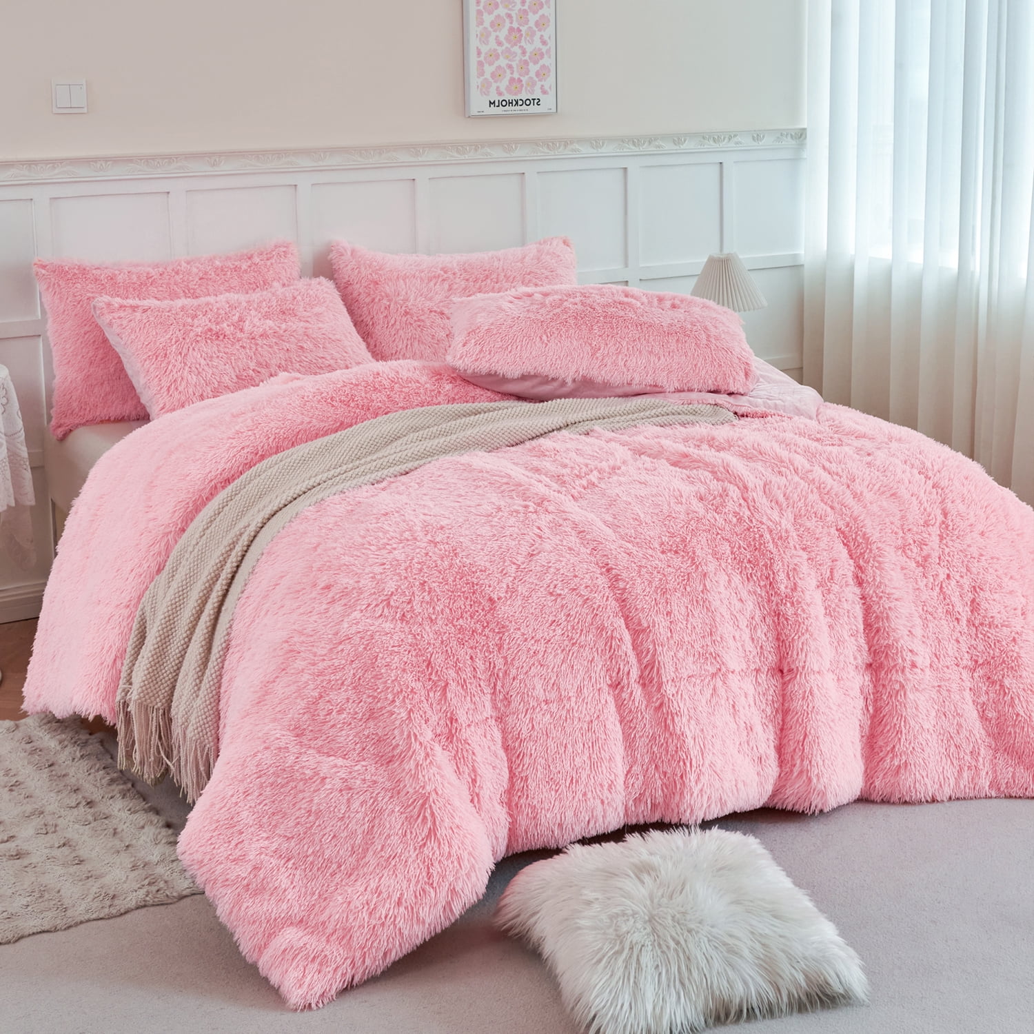 URBONUR 3 Pieces Pink Bedding Comforter Set Queen Size Faux Fur Comforter Sets for Women Girls Plush Fluffy Bedding Sets for All Season(1 Shaggy Comforter + 2 Faux Fur Pillowcases)