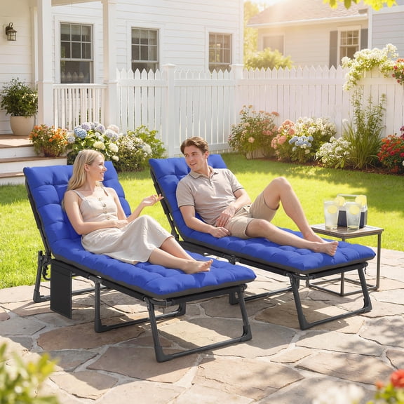 Outsunny Chaise Lounge Chair Outdoor Set of 2, 5-Position Adjustable Tanning Chair, Pool Lounge Chairs with Cushions, Side Pocket, Dark Gray/Blue