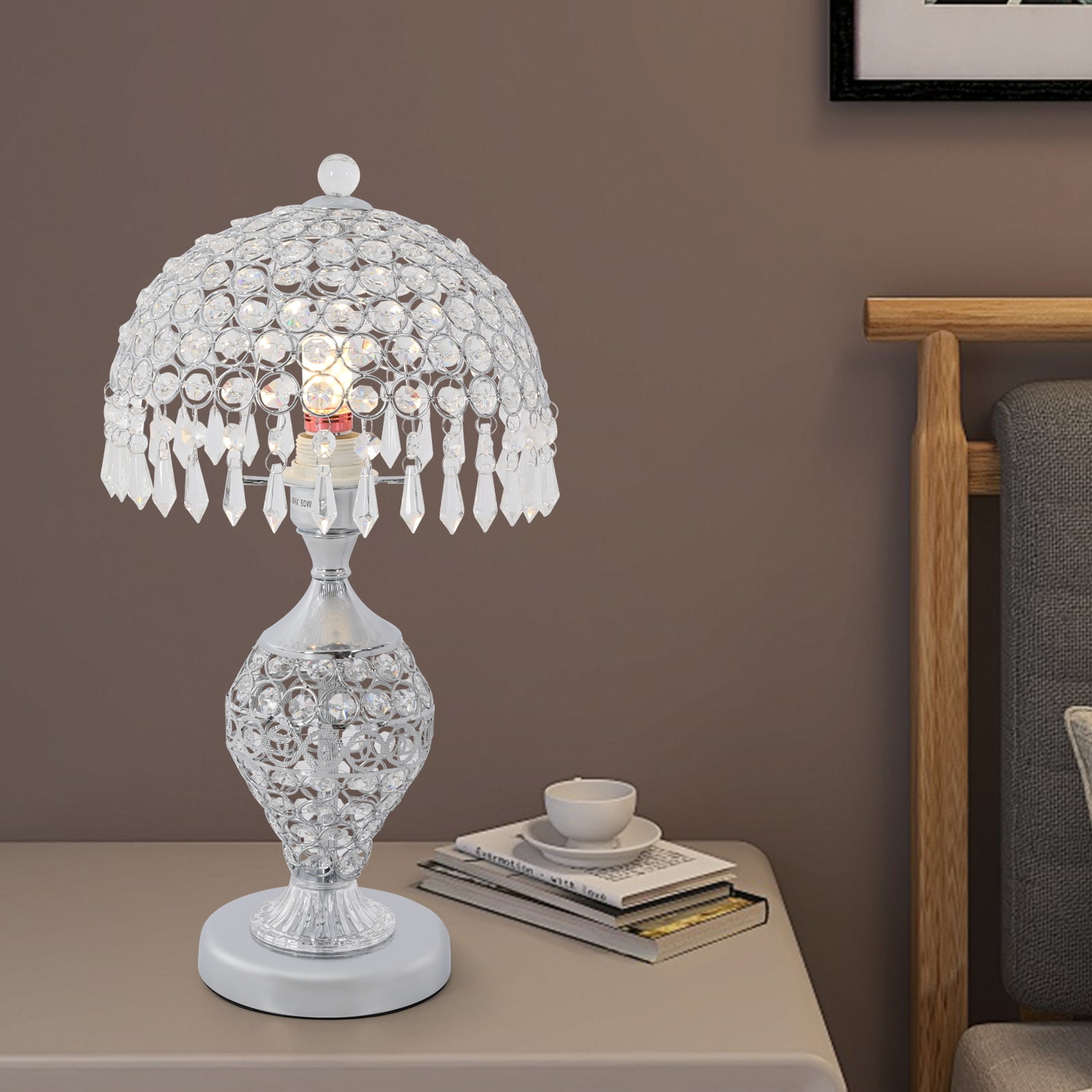 Wildnix Elegant Table Lamp with Crystal Lampshade, Silver Iron Body, E26 Lamp Holder, Anti-Rust Design for Cozy Lighting in Bedroom, Living Room, and Home Decor