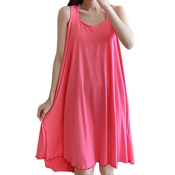 WCJM Women Nightgowns & Sleepshirts A Hot Pink Womens Full Slip Built In Bra Dress Sexy Slim Sleeveless Sleepwear Fashion Solid Strap Camisole Women's polyester nightgown
