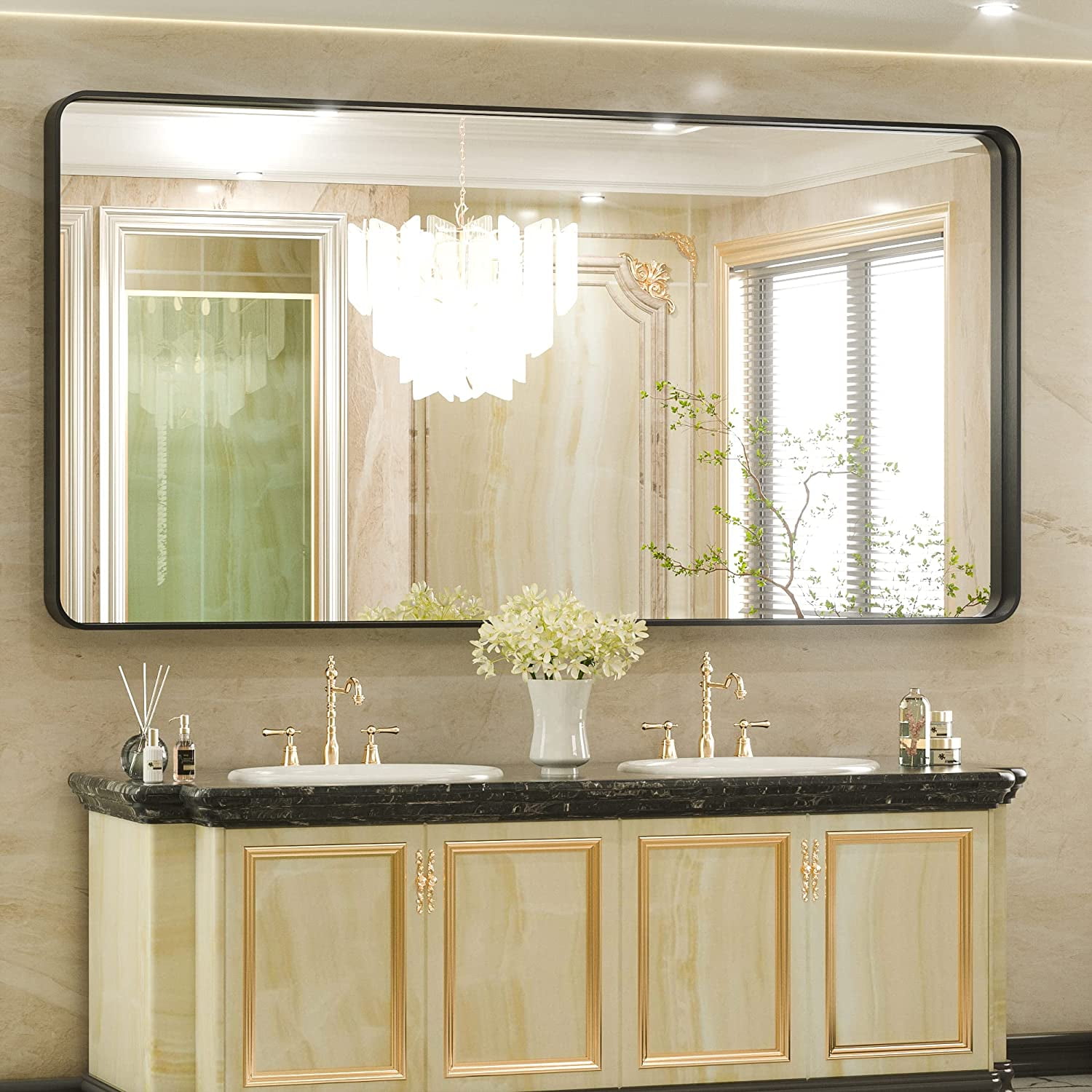 Tetote 72 X 36 Inch Black Bathroom Mirror Rectangle Matte Metal Frame 