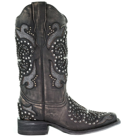 Corral Boots Womens Glitter Studded Tooled Inlay Snip Toe Cowboy Mid Calf