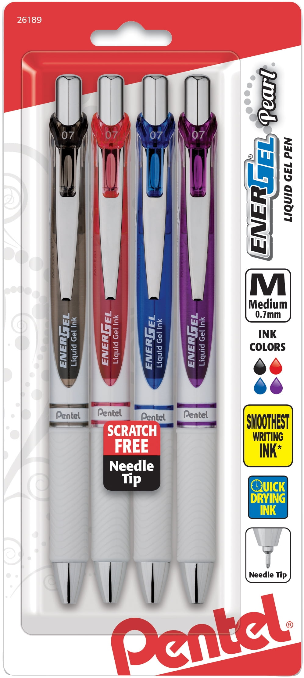 Pentel Energel Pearl Gel Pen, 0.7mm Medium, Needle Tip, Assorted Ink, 4 Pack