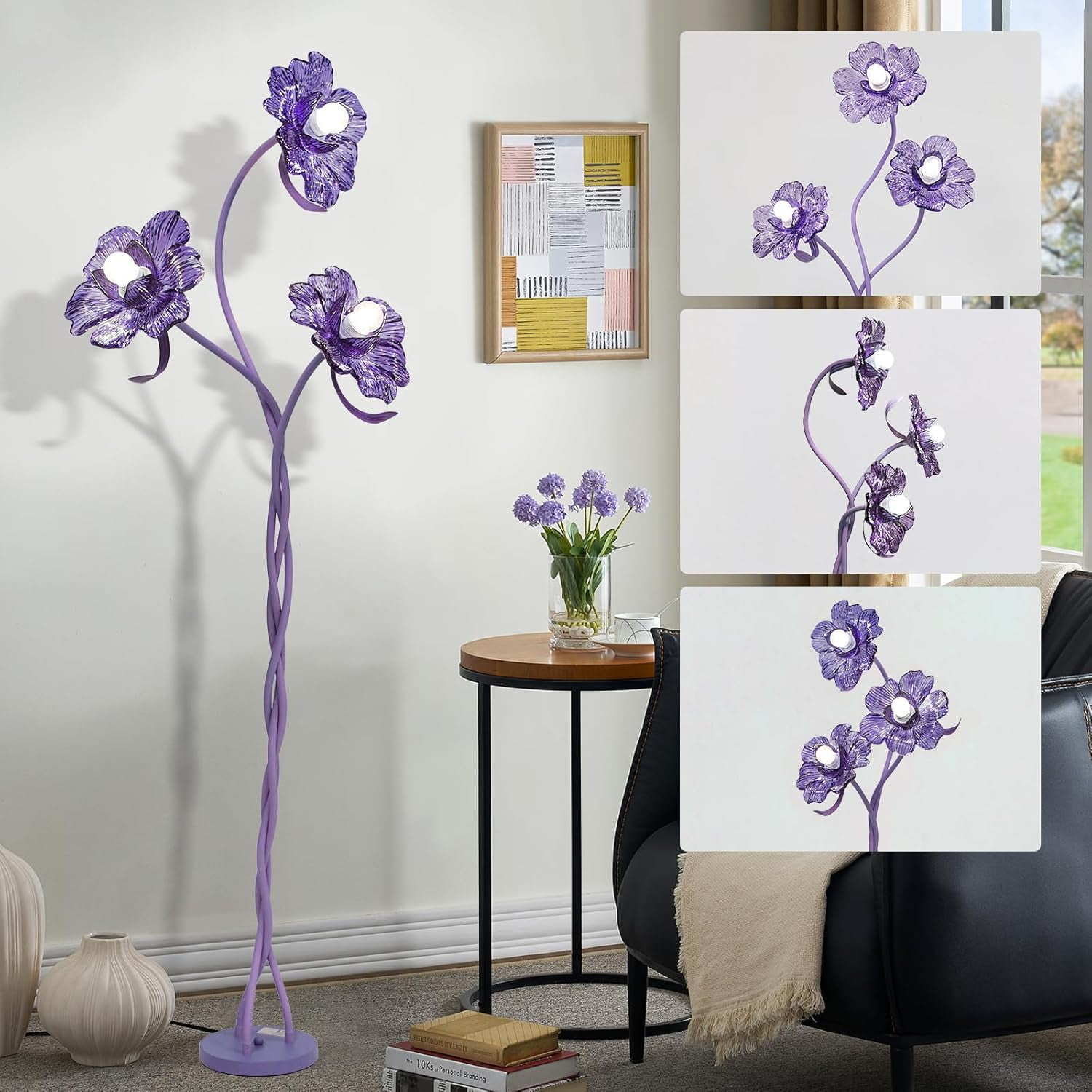 Vintage Flower Floor Lamp for Girls' Bedroom, Cute 3 Heads Floor Reading Light with Flexible Gooseneck, 3 Colors Crabapple Flower Modern Corner Standing Lamp for Living Room Office Home Decor (Purple