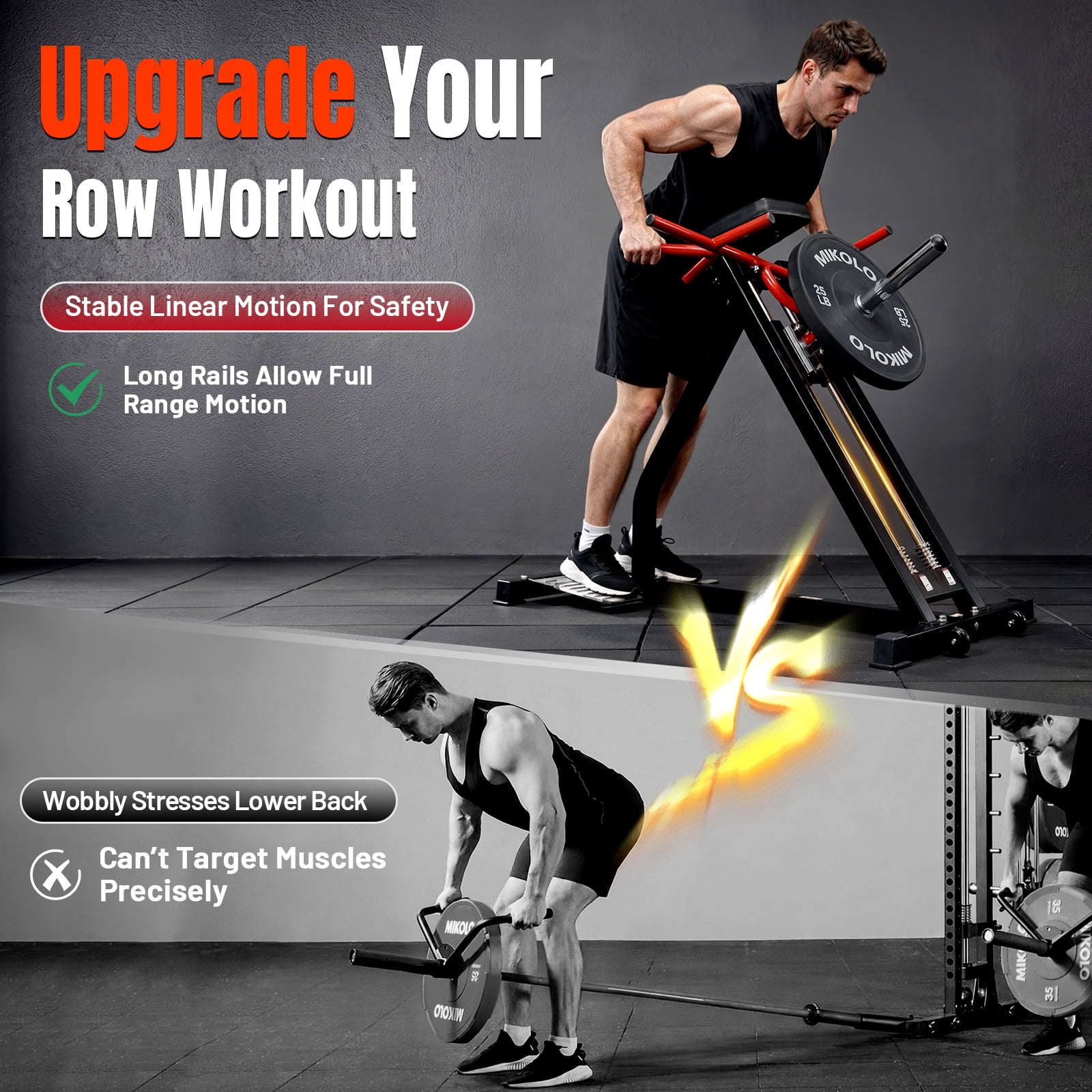 Mikolo Linear Row Machine, Back Workout Machine for Home Gym, Plate-Loaded Back Machine with Linear Bearing, Back Row Machine LAT Strength Training Equipment S7