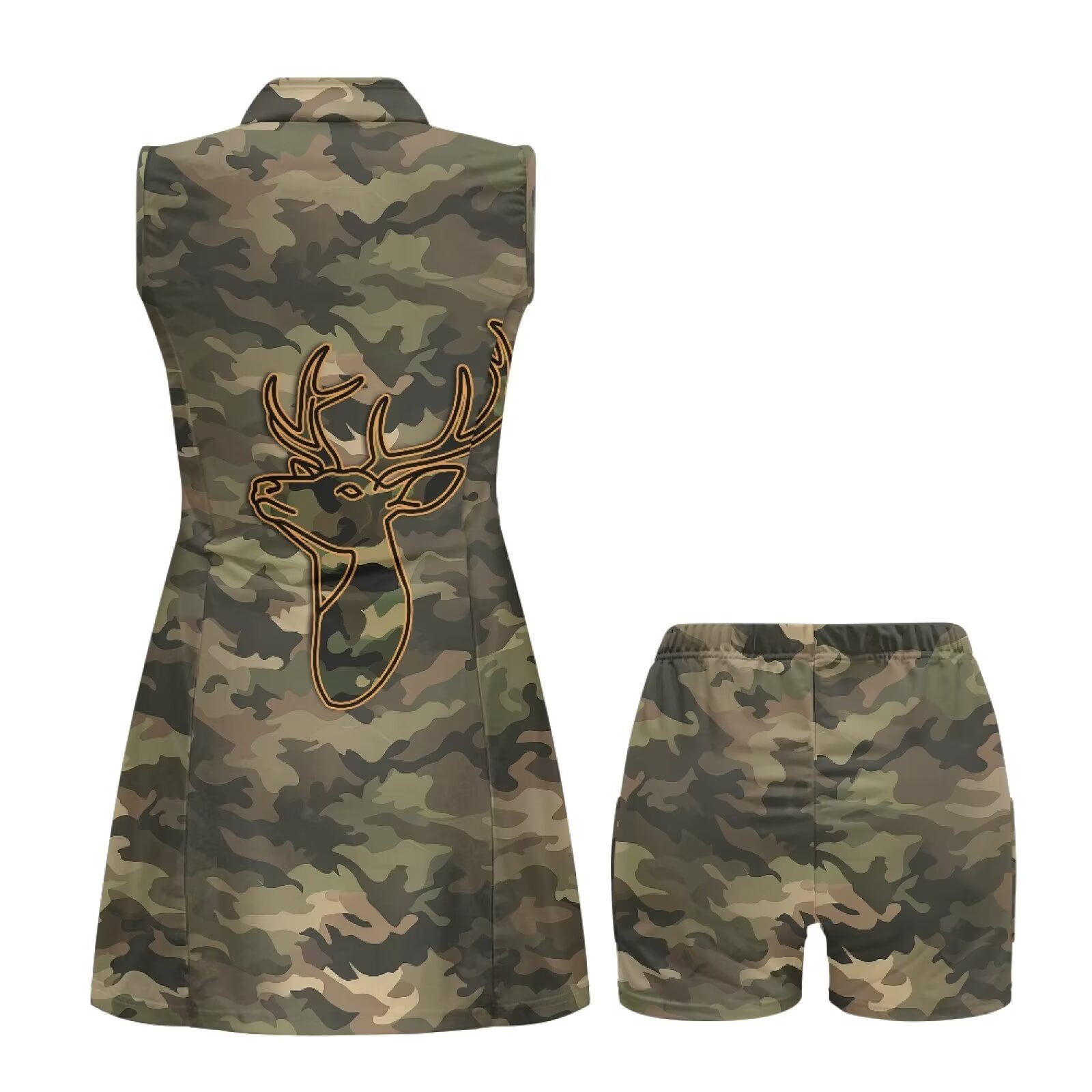 Yuyamidu Camo Deer Womens Workout Golf Dress Zipper Collared Workout Dress Built in Shorts Summer Outfits Dry Fit Golf Clothes for Women Size 2XL