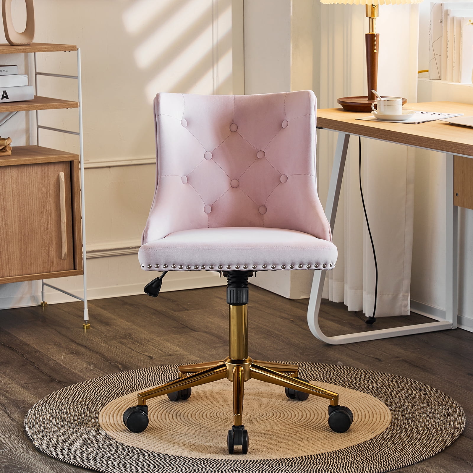 UBesGoo Armless Office Chair Flannel Computer Task Chair Adjustable Swivel Vanity Chair with Ergonomic Backrests and Wheels for Conference and Home Light Pink & Gold
