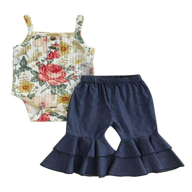 Newborn Baby Girl Summer Clothes Floral Halter Infant Romper Top Ruffles Bell Bottom Jeans Outfits Blue 6-9 Months