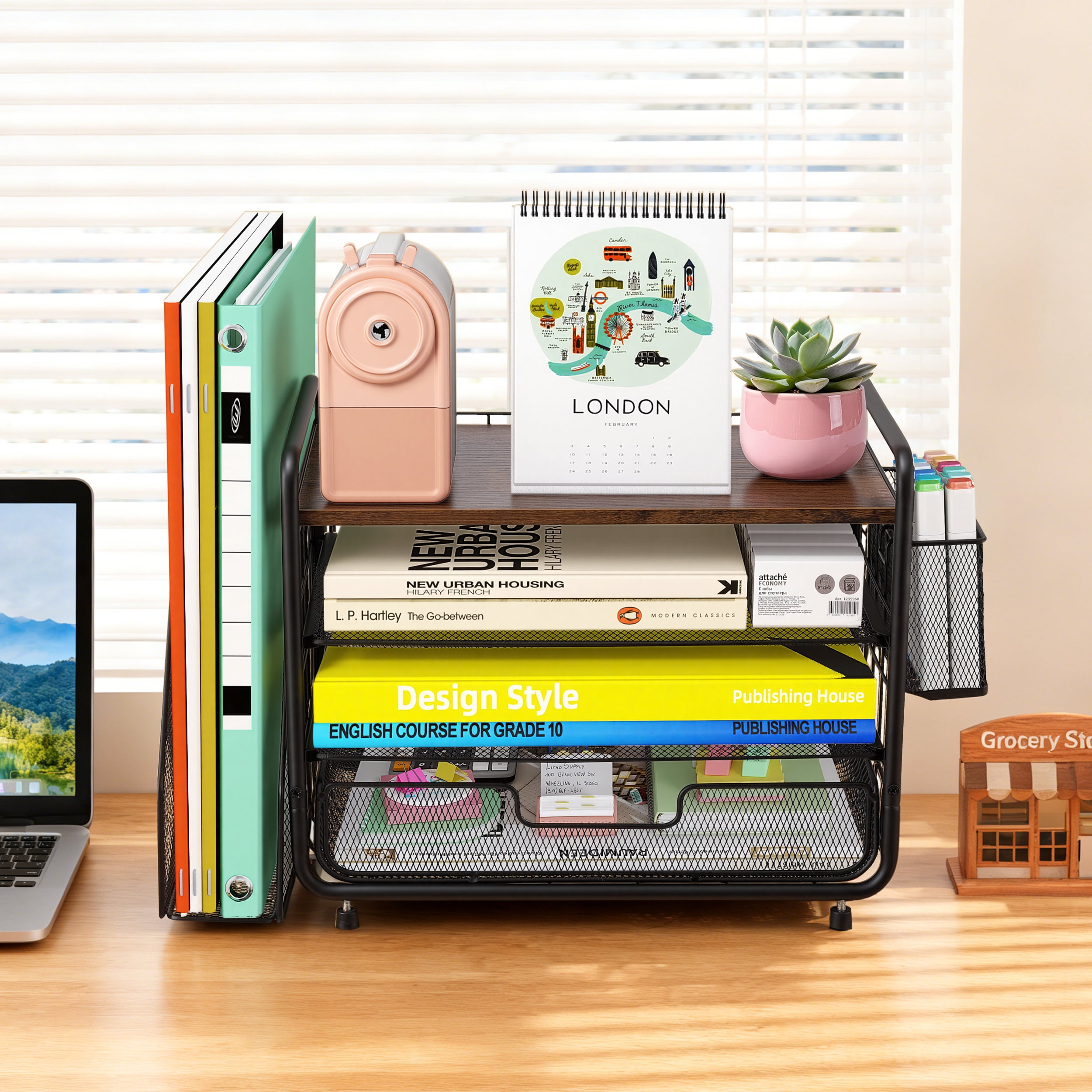 YTAKY Desktop Organizer, 4-Tier Metal Desktop File Organizer with Drawer and Pen Holder,Office Supplies