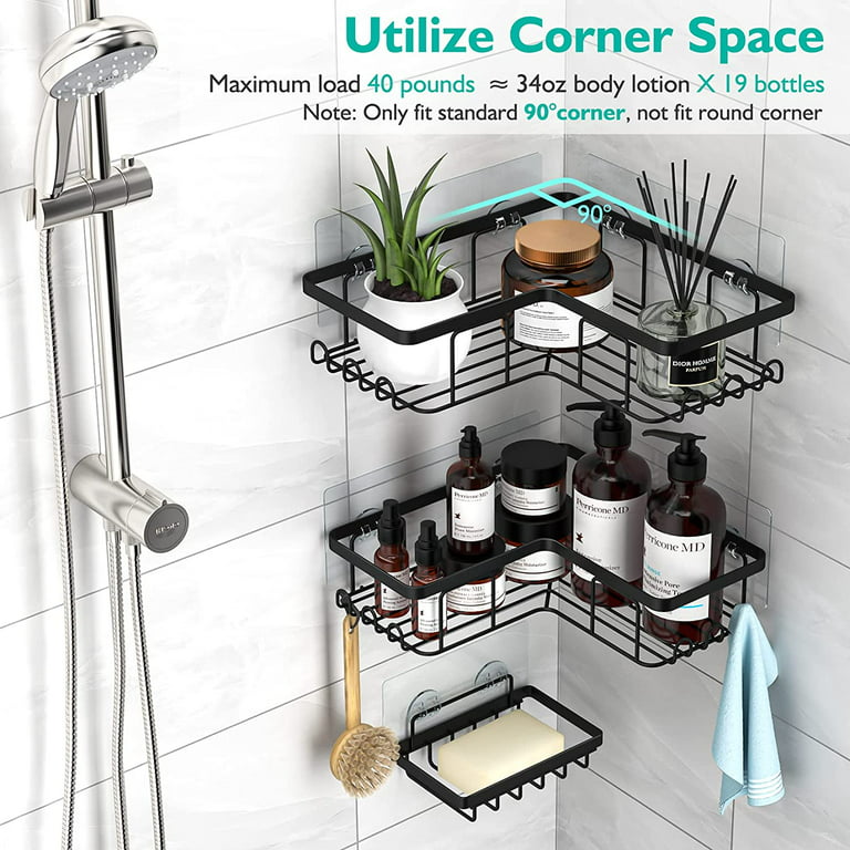 Yiamia Corner Shower Caddy, 3-Pack Adhesive Shower Caddy with Soap Holder and 12 Hooks, Rustproof Stainless Steel Bathroom Shower Organizer, No Drilling Wall