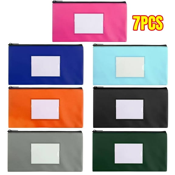 7 Pack Bank Money Bag for Cash, 11.25" x 6.25", Small Deposit Money Pouch with Zipper, Server Leatherette Cash Bag, Clear Window and 7 Blank Cards.