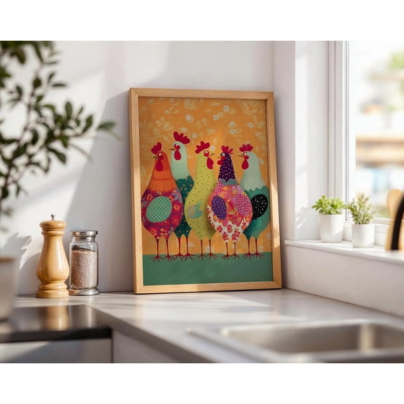 PosterArt Chicken Family Art Poster Wall Art, Colorful Farm Animal Illustration For Whimsical Kitchen Decor, 8x12 UNFRAMED