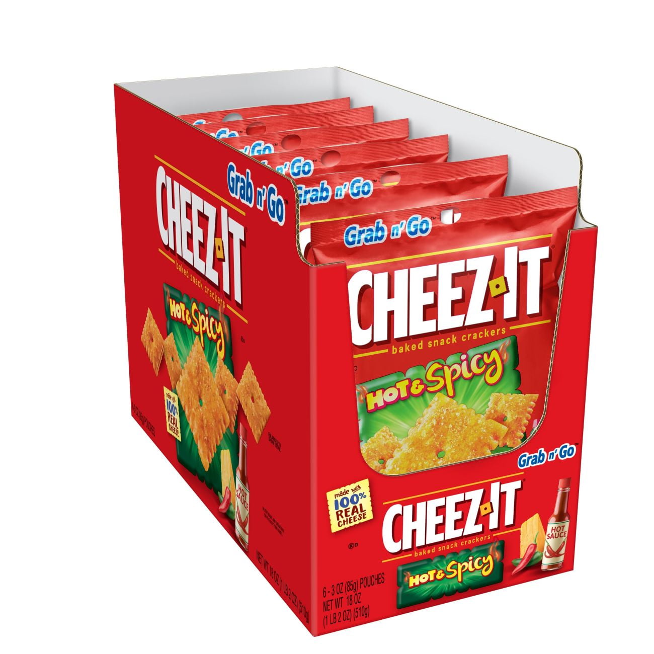 CheezIt, Baked Snack Cheese Crackers, Hot & Spicy, Grab 'N' Go,18 Oz,6