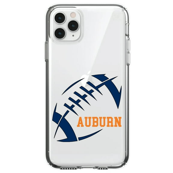 DistinctInk Clear Shockproof Hybrid Case for iPhone 12 / 12 PRO (6.1" Screen) - TPU Bumper, Acrylic Back, Tempered Glass Screen Protector - Auburn Football - Orange, Blue