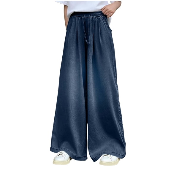 hoksml Girls' (5-15Y) Solid Color Casual Denim Pants - Drawstring Elastic Waist Relaxed Fit Wide-Leg Jeans with Pockets