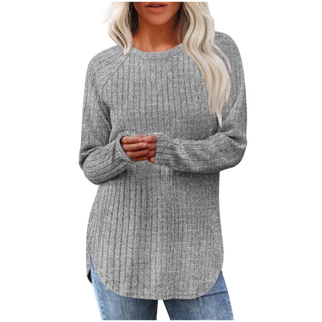 HKEJIAOI Chandails Gris pour Femmes Manches Longues Chemises Coupe Ample Tunique Hauts Automne Habillé Col Rond Pull L