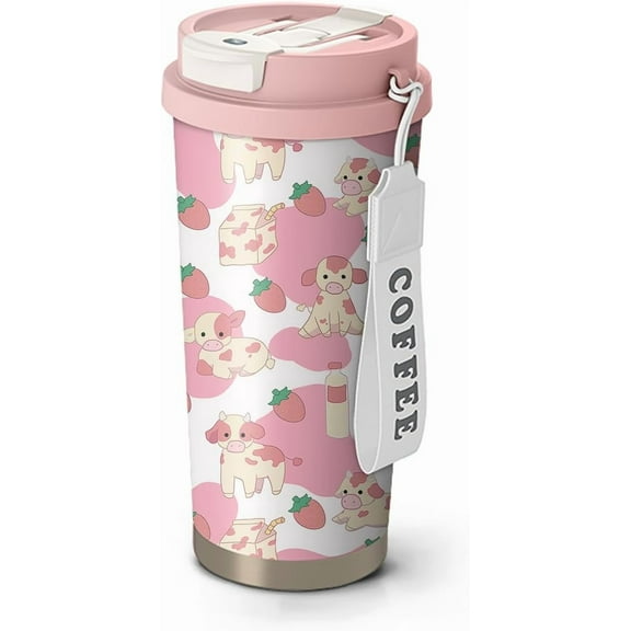 18oz Cute Bee Coffee Mug Travel Cups with Lid and Flip Straw, Pink Stainless Steel Insulated Tumbler Water Bottle with Strap, Gifts for Women Animal Lovers