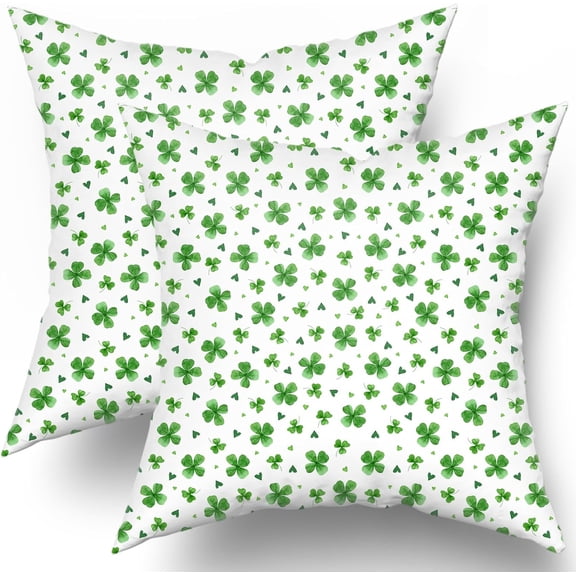 St. Patricks Day Shamrock Pillow Covers 2 Pack 18x18 inch Watercolor Clover and Heart Cotton Throw Pillow Cases Irish Spring Green Decorative Cushion Covers for Sofa Couch