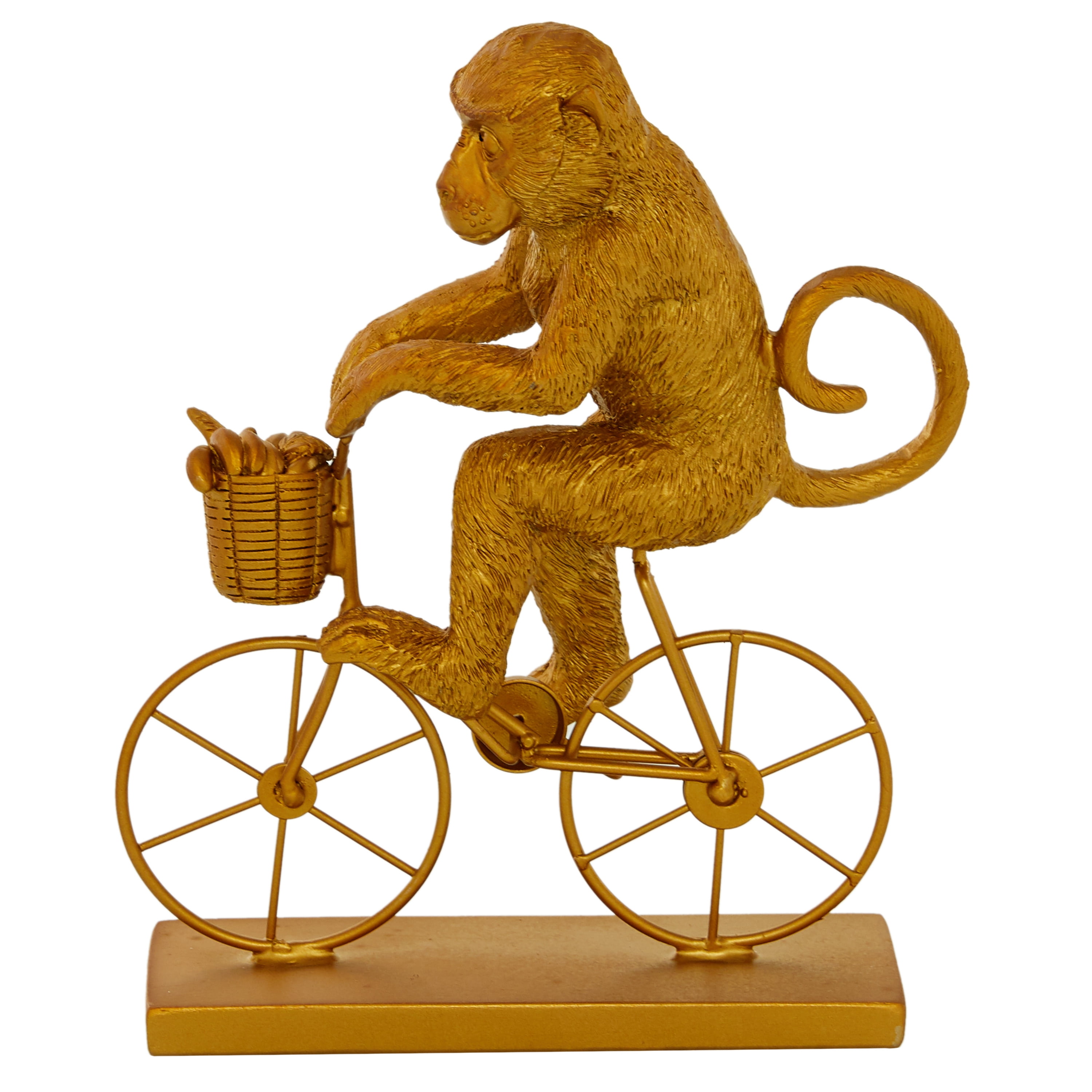 7" x 9" Gold Polystone Monkey Sculpture with Bicycle, by DecMode