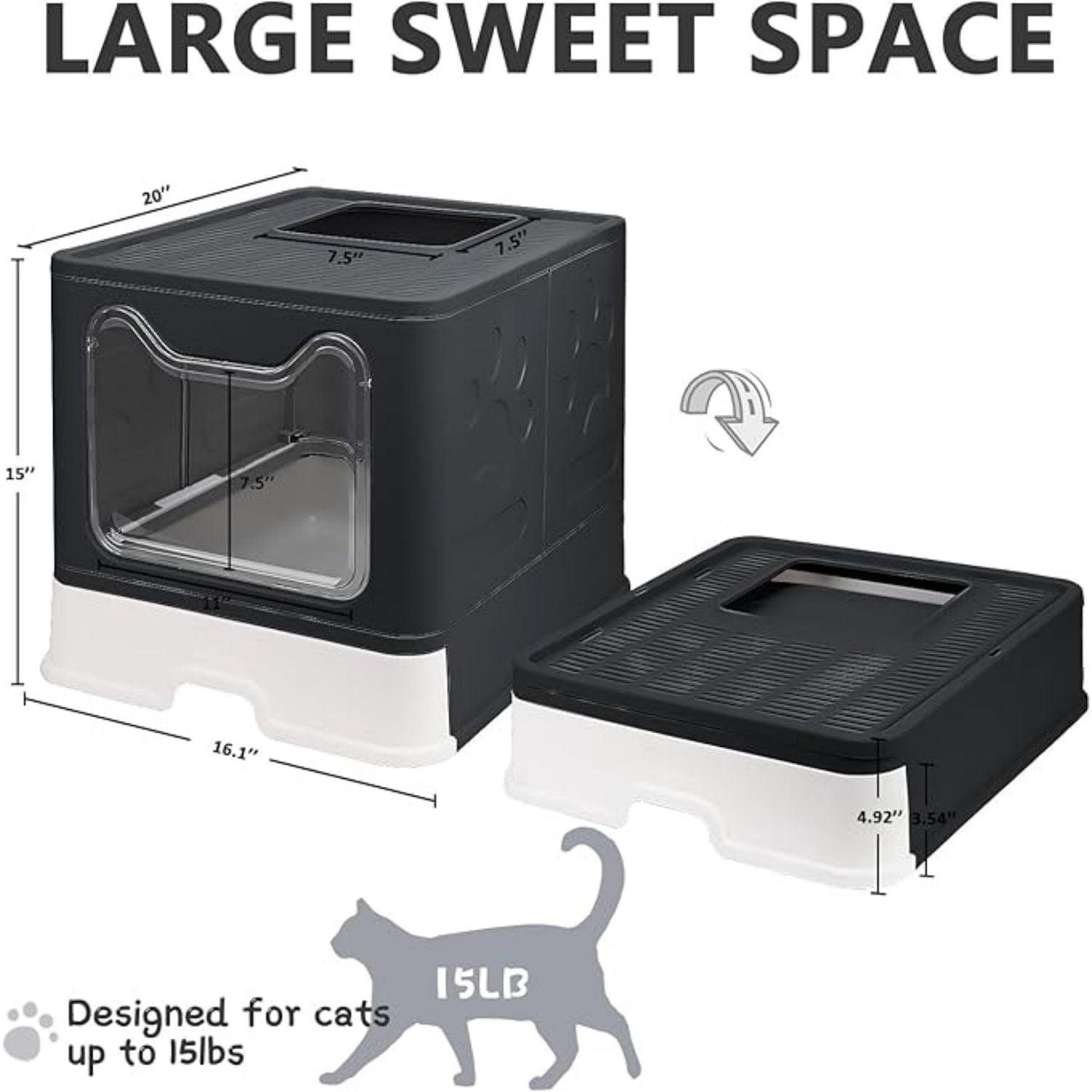Cat Litter Box with Lid, Enclosed Potty, Large Top Entry Anti-Splashing Toilet, Easy to Clean Including Litter Scoop and 2-in-1 Cleaning Brush (Black)