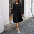 thumbnail image 3 of Vestido de Mujer con Cuello en V Linterna Manga Larga Color Puro Estilo de Cintura elástica Vestido Acampanado Informal para la Vida Diaria Negro M, 3 of 8