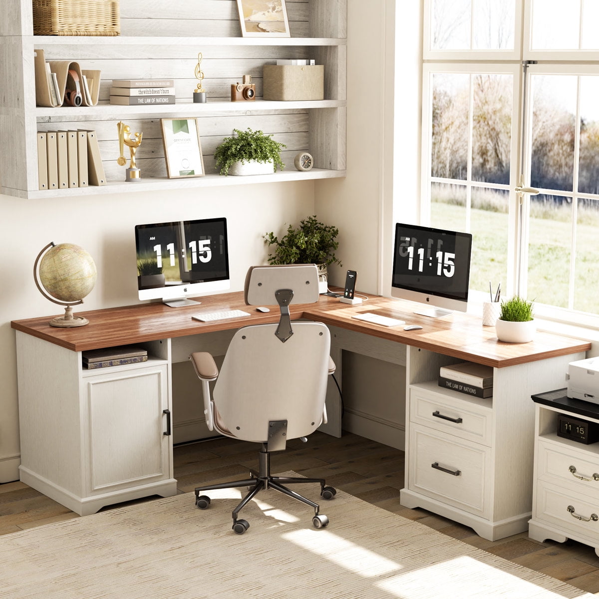 Homieasy L Shaped Executive Desk with File Drawers and  Power Outlets, Home Office Table with Storage Cabinet, Sturdy Writing Desk, White and Brown