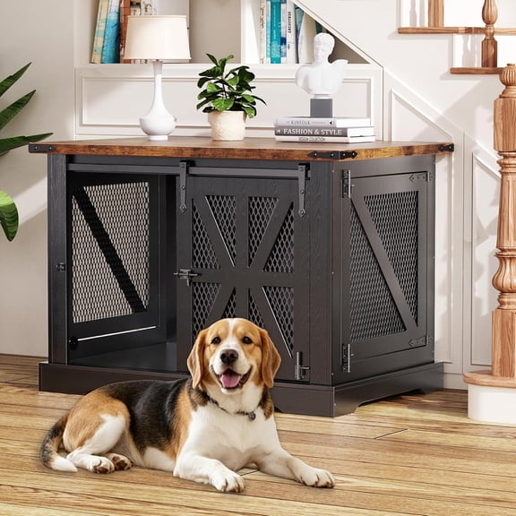 40" Farmhouse Dog Crate Furniture for Medium Dogs, End Table Kennel with Sliding Barn Doors, Decorative Wooden Pet House, Black