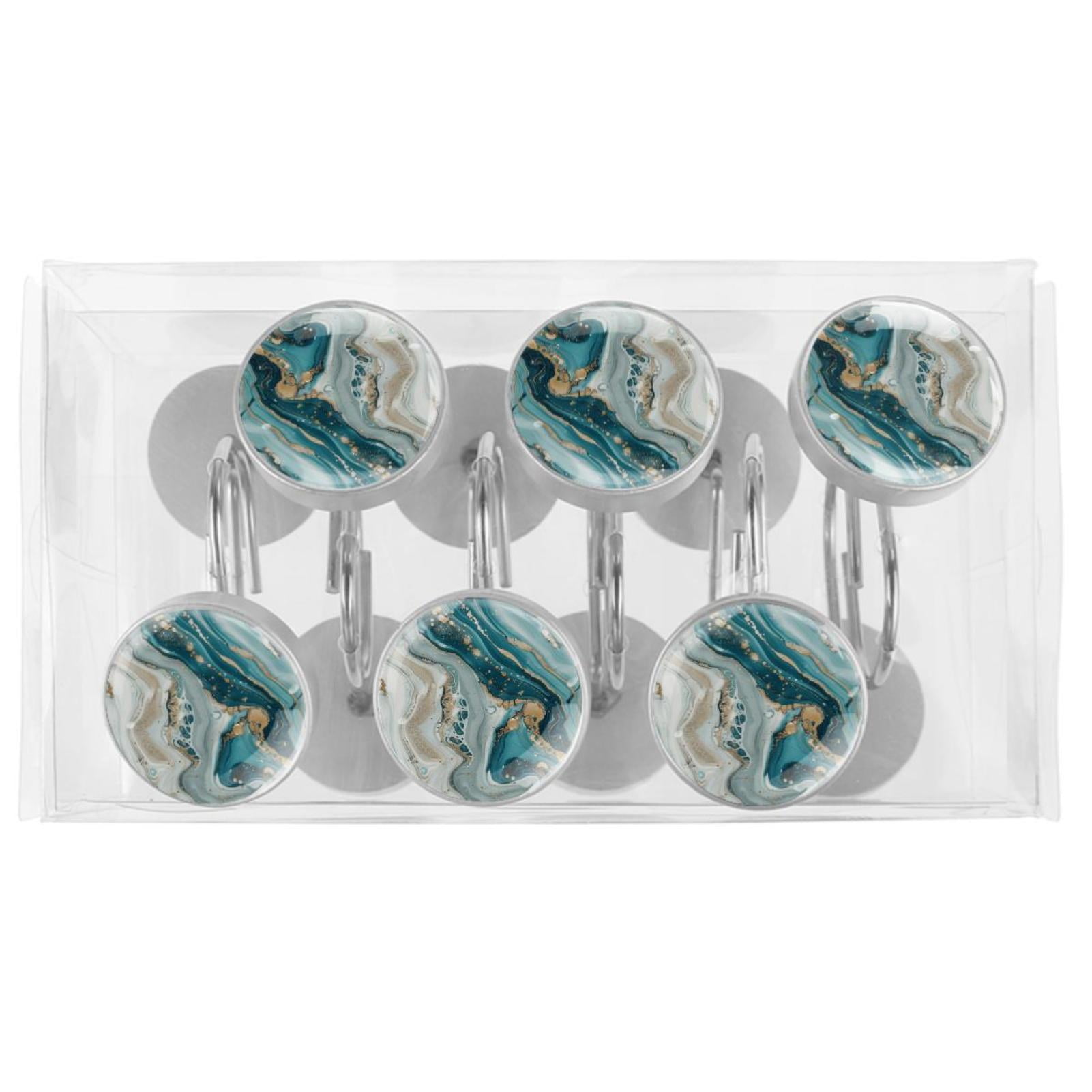 12 Pack Round Shower Curtain Hooks Crystal Glass Shower Rings Blue Gold Marble Texture Curtain Hooks Home Decoration