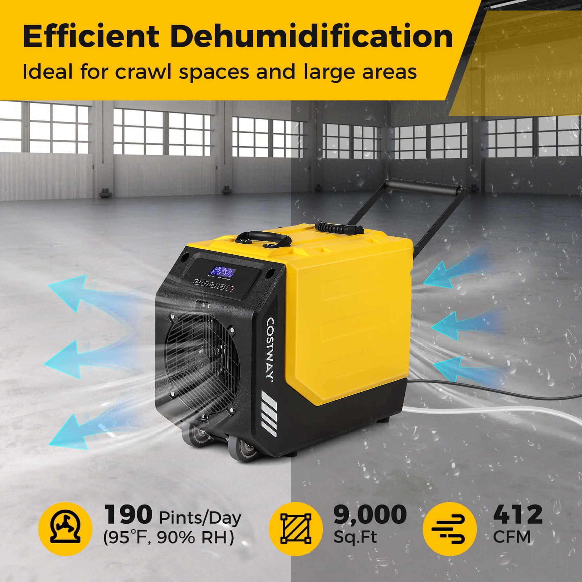 Costway 50-Pint(DOE) Commercial Dehumidifier Rotational Molded Industrial Dehumidifier with Pump Yellow 9,000 Sq.ft Coverage Area (MAX 190Pint at 95°F, 90%RH)