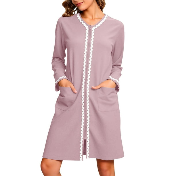 HongQid Women's Long Sleeve Zipper Nightshirt with Pockets Button Down Nightgown Sleepwear Pajama Dress