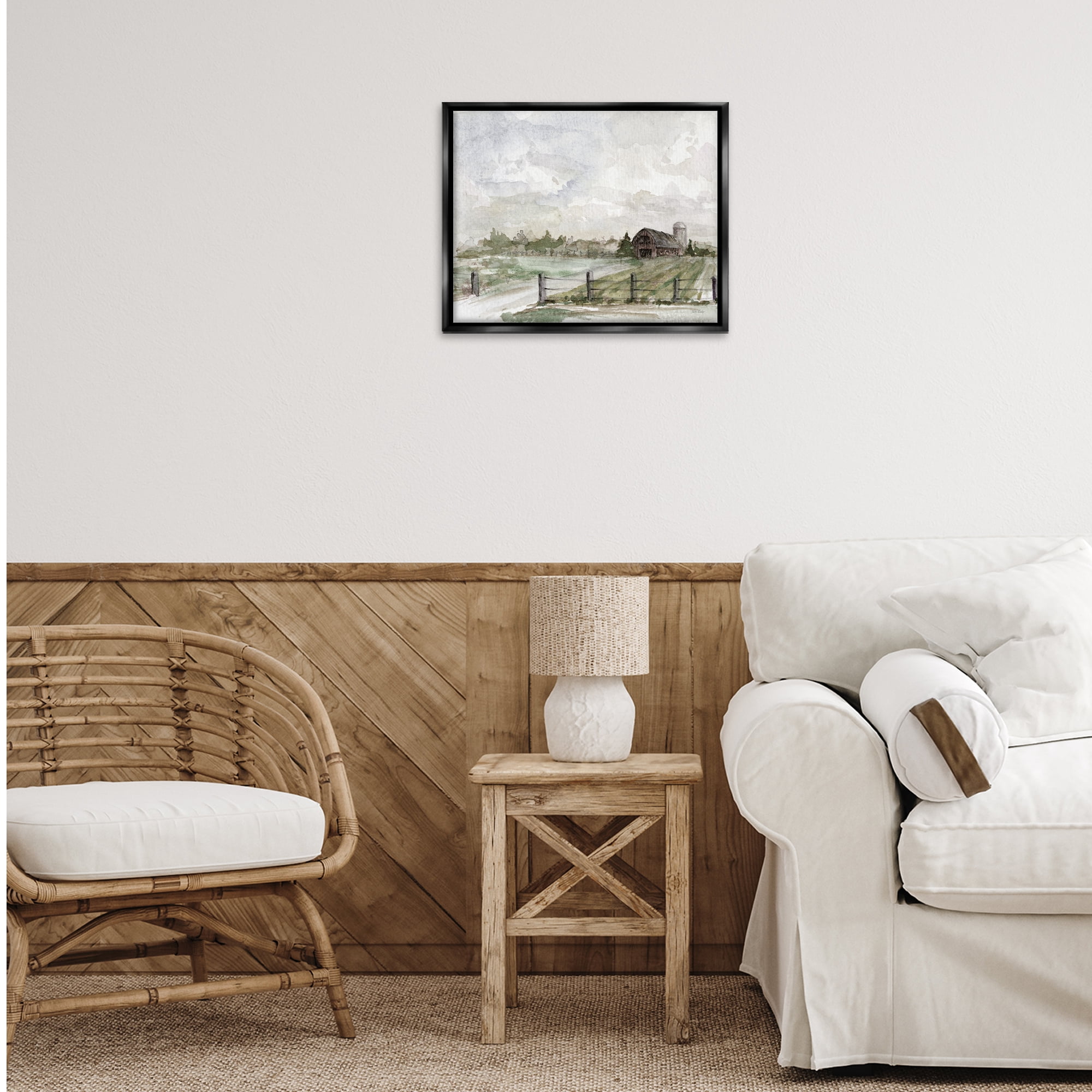 Stupell Industries Rustic Barn & Fence Landscape Painting Black Floater Framed Canvas Art Print Wall Art, 21 x 17