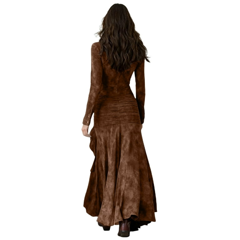Stichou Womens Vintage Western Dresses, Suede V Neck Button Down Long  Sleeve Maxi Dress Fishtail Hem Boho Western Dresses 2026 Brown L -  Walmart.com